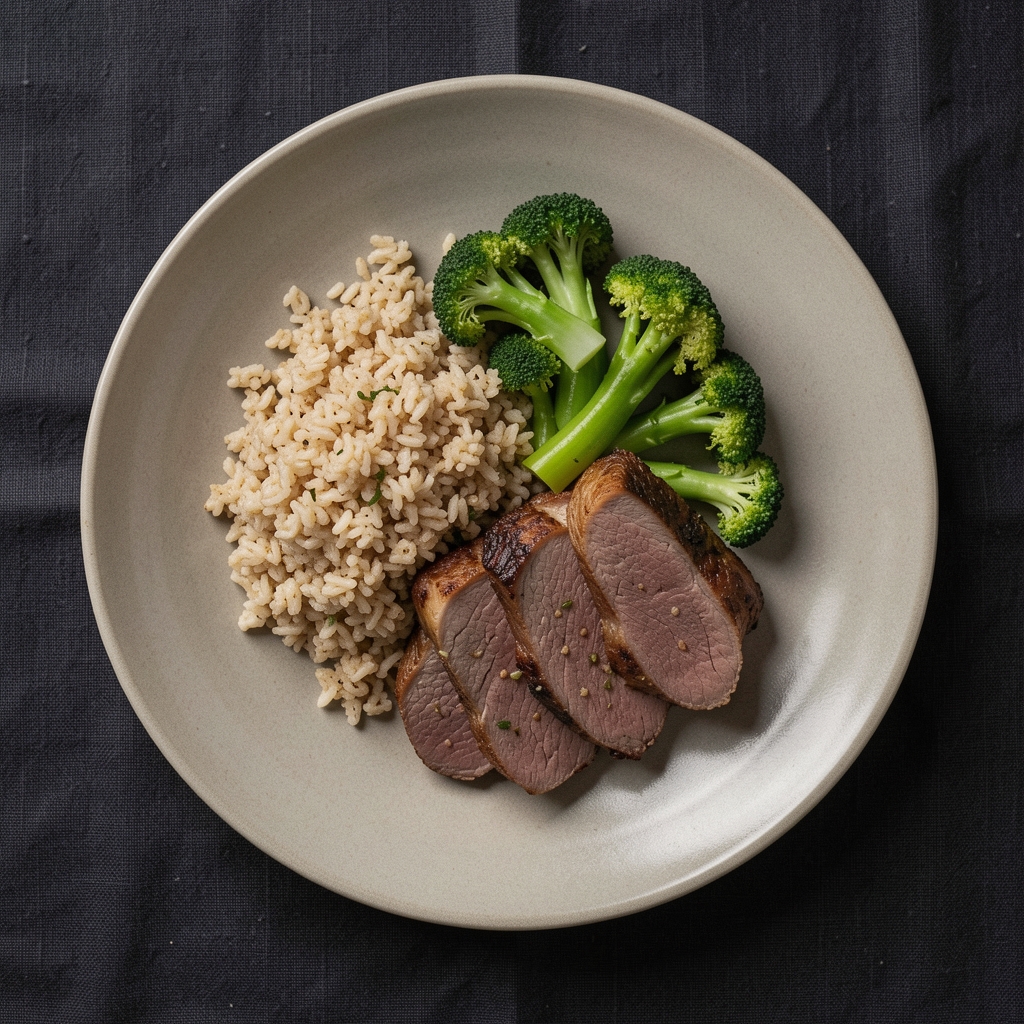 A neatly composed dinner plate photographed from above showing a portion-conscious arrangement of grains, steamed vegetables, and lean protein on a neutral ceramic plate against a dark linen background