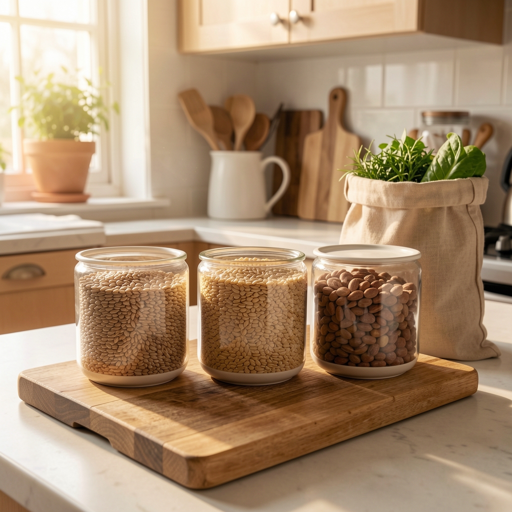 Organised kitchen counter with three ceramic containers of grains and legumes, a wooden chopping board, and a cloth produce bag in warm morning light