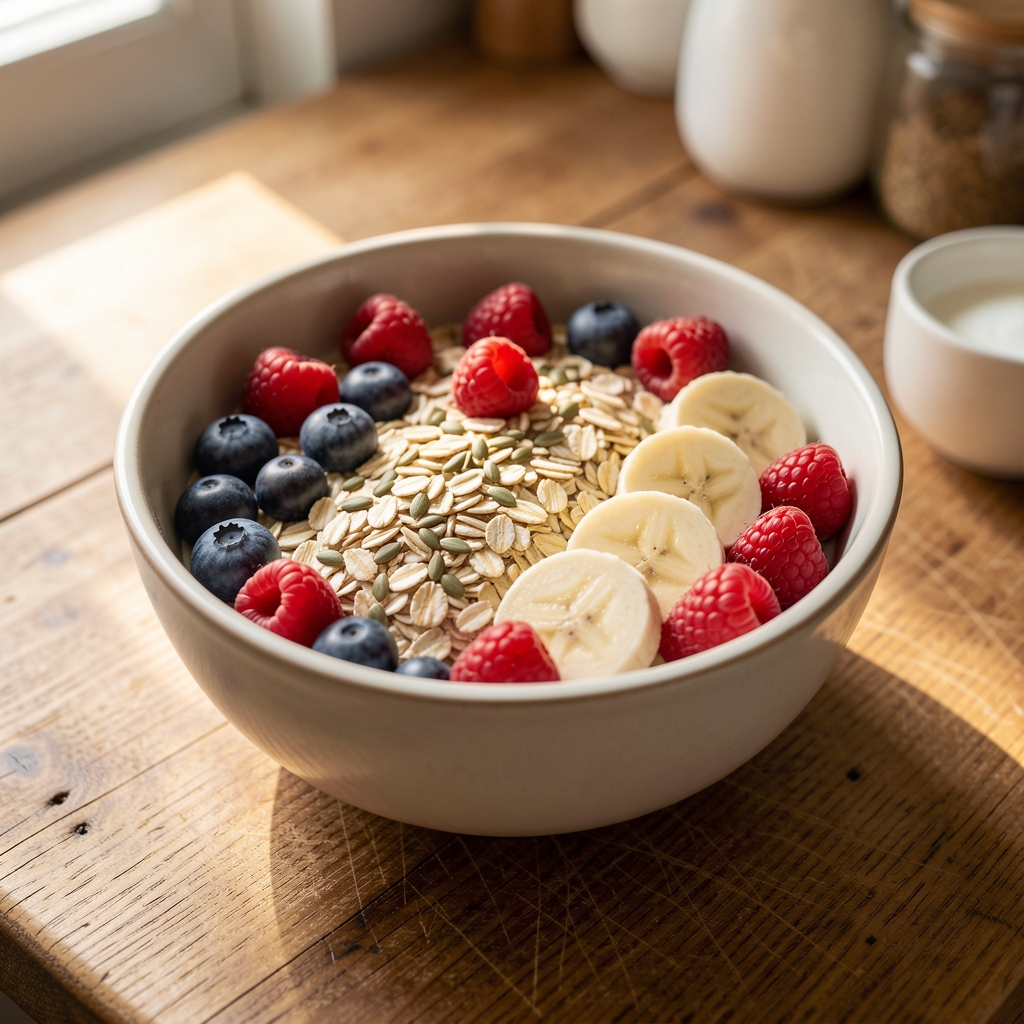 Close-up of a bright gut-friendly breakfast bowl containing oats, fresh berries, sliced banana, and seeds arranged in a ceramic bowl on a wooden kitchen counter bathed in morning light